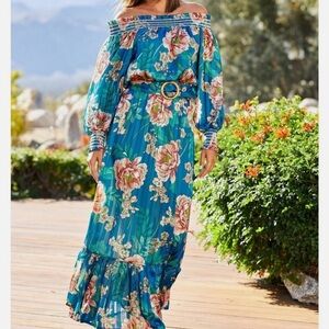 Boston Proper Blue Floral Off-Shoulder Maxi Dress Size Large